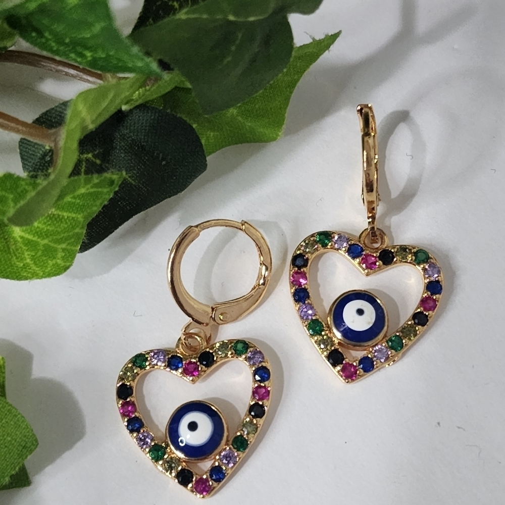 Gold Filled Multi Color Zirconia Heart Evil Eye Huggie Earrings